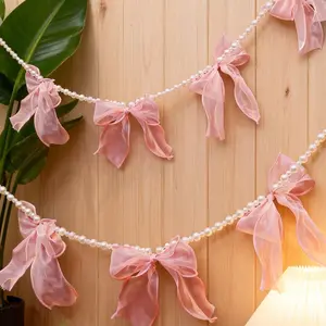 Pearl Ribbon Flower Garland, Transparent Bow Hanging Decoration, Spring Wedding Baby Shower Christmas Halloween Mother's Day Decor, Party Decoration Supplies