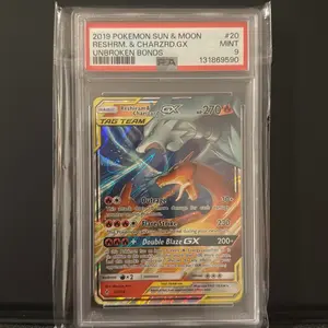 2019 Reshiram & Charizard GX Holo PSA Mint 9 Pokemon Unbroken Bonds #20/214 Tag Team Double Blaze GX 270 HP