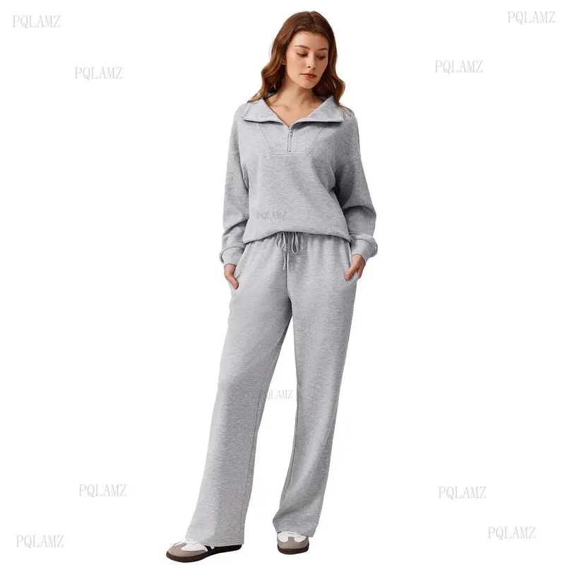Women's 2-Piece Sweatsuit, Oversized Half-Zip Long Sleeve Top & High-Waist Wide Leg Rayon Pants, Activewear Lounge Set for Regular Sizes, Long Sleeve Tops, Rayon Fabric, Long Sleeve Shirt, Drawstring