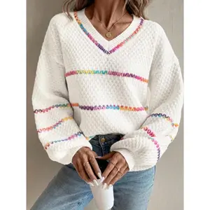 Unique loose striped V-neck off-shoulder knit women’s sweater, casual and fashionable for spring and autumn, medium-thickness sweater