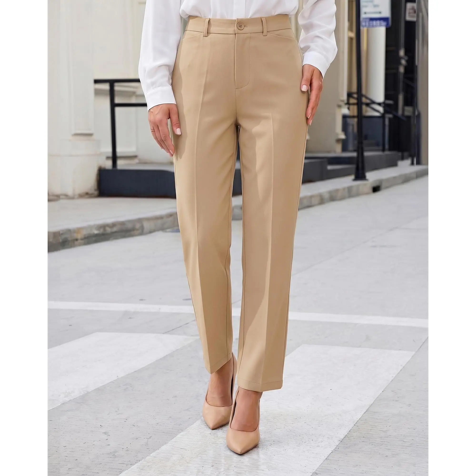 GRAPENT Women's Business Casual Ankle Pants - Elastic Waist, Bottoms with Pockets, Solid Plain, 92% Polyester 8% Spandex, Medium Stretch, Basic Fit, All Seasons Work Fashion Office Bottoms, Casual Elastic Waisted, Business Casual Pants