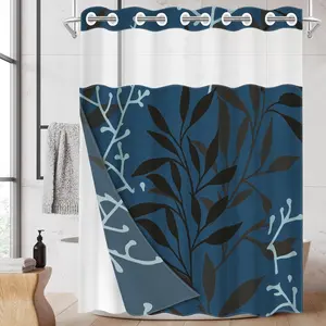 1pc hookless shower curtain with buckle lining, blue background with brown leaf and white branch pattern design, 2D printing, fabric waterproof lining, double-layer with see-through window, 71 x 74 inches, home curtain, Bathroom decoration accessories