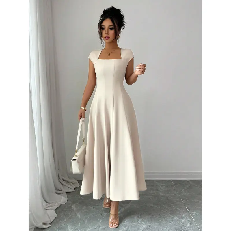 midaxi dress casual MISSGUIDED Brown Shirred Bodice Sleeveless A-Line Midaxi Dress Women's Wedding Guest Cocktail Midi Scoop Neck High Waist Flared Woven Fabric,L