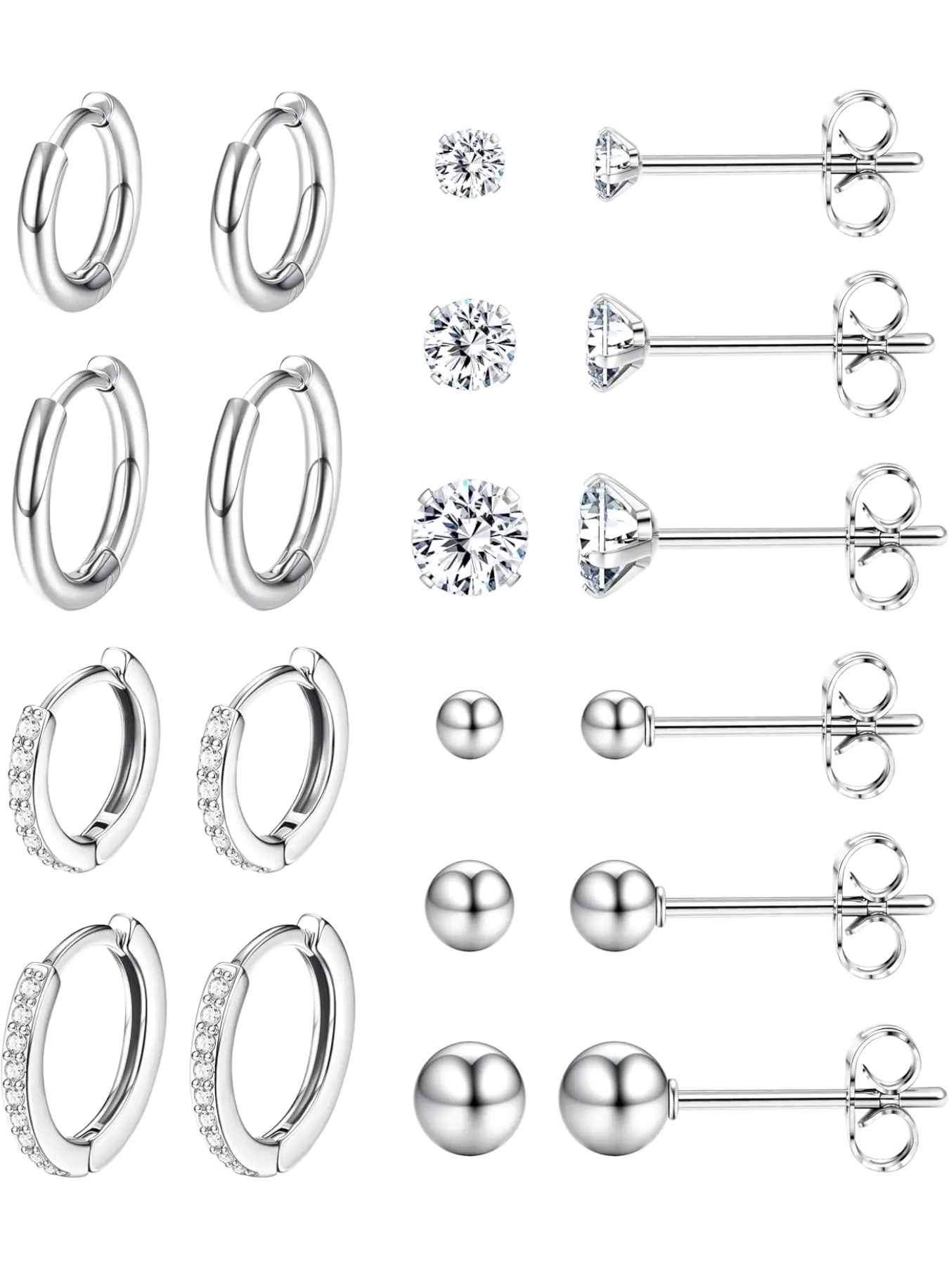 10-12 Pairs Women Silver/Gold Hoop Earrings Set, 316L Surgical Steel Stud Earrings, Stainless Steel Hoops with Cubic Zirconia Designs Small Unisex Huggie Hoops Sleeper Earrings Cartilage Piercing Jewelry for Lady Men Gift