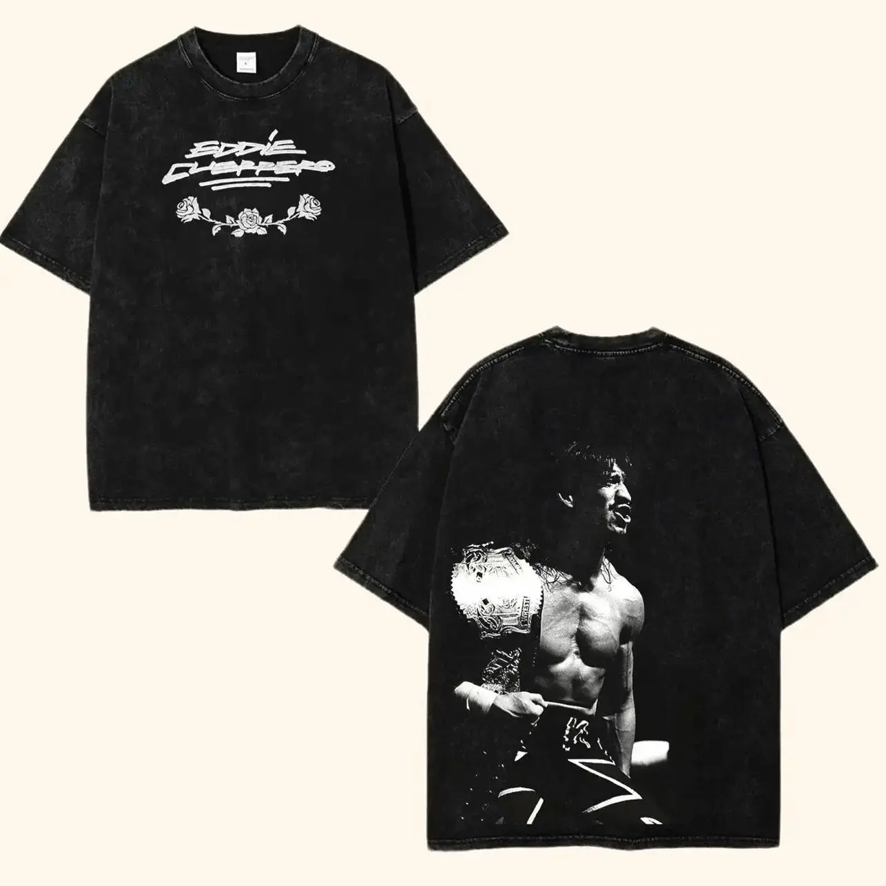 Eddie Guerrero Latino Heat Champion Tribute Washed Black T-Shirt WWE Wrestling Tee Vintage Photo Graphic Front Back Print Oversized Streetwear Unisex Cotton Shirt S-5XL HLW