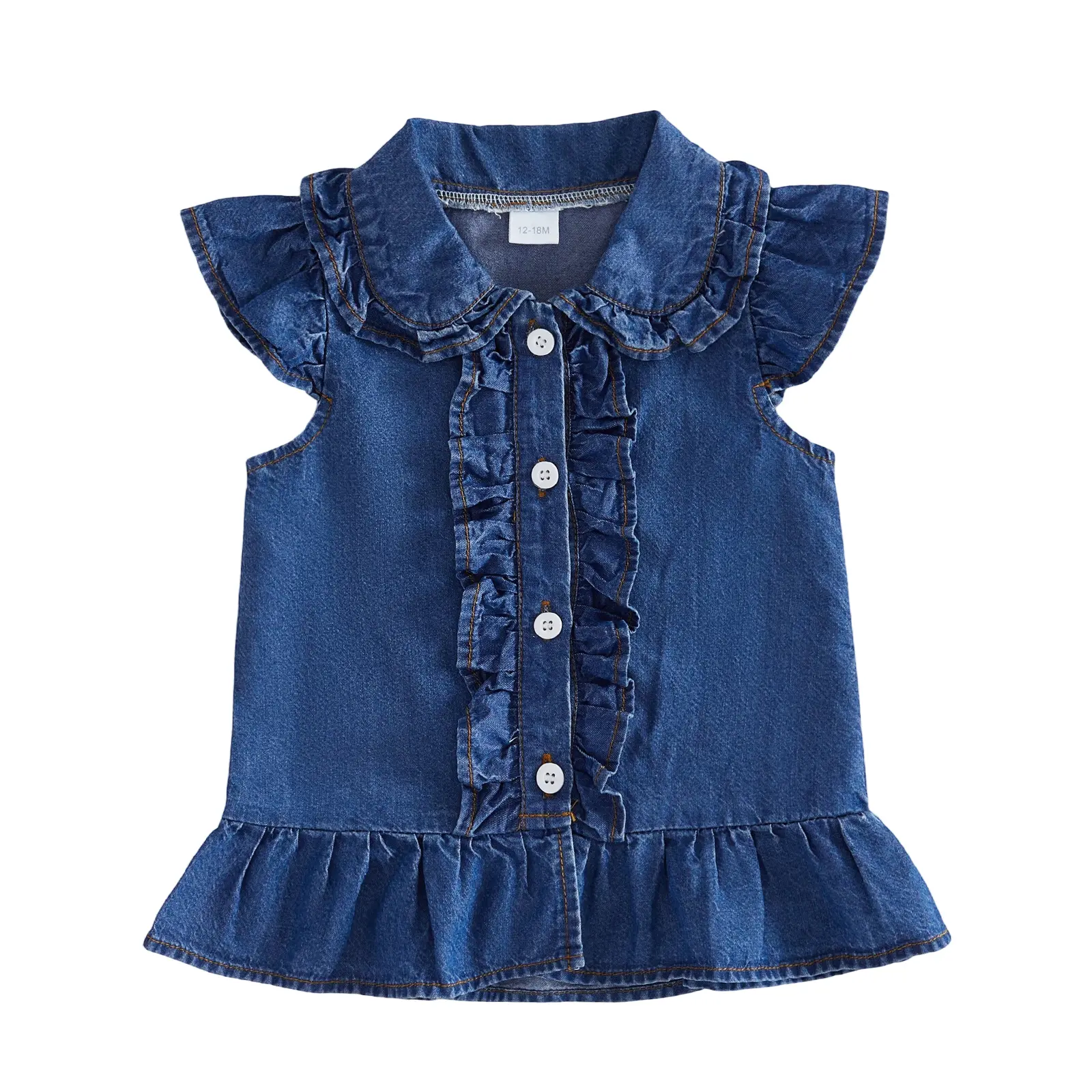 Toddler Baby Little Girl Denim Shirts Summer Solid Color Flying Sleeve Button Down Tops 1-5 Years