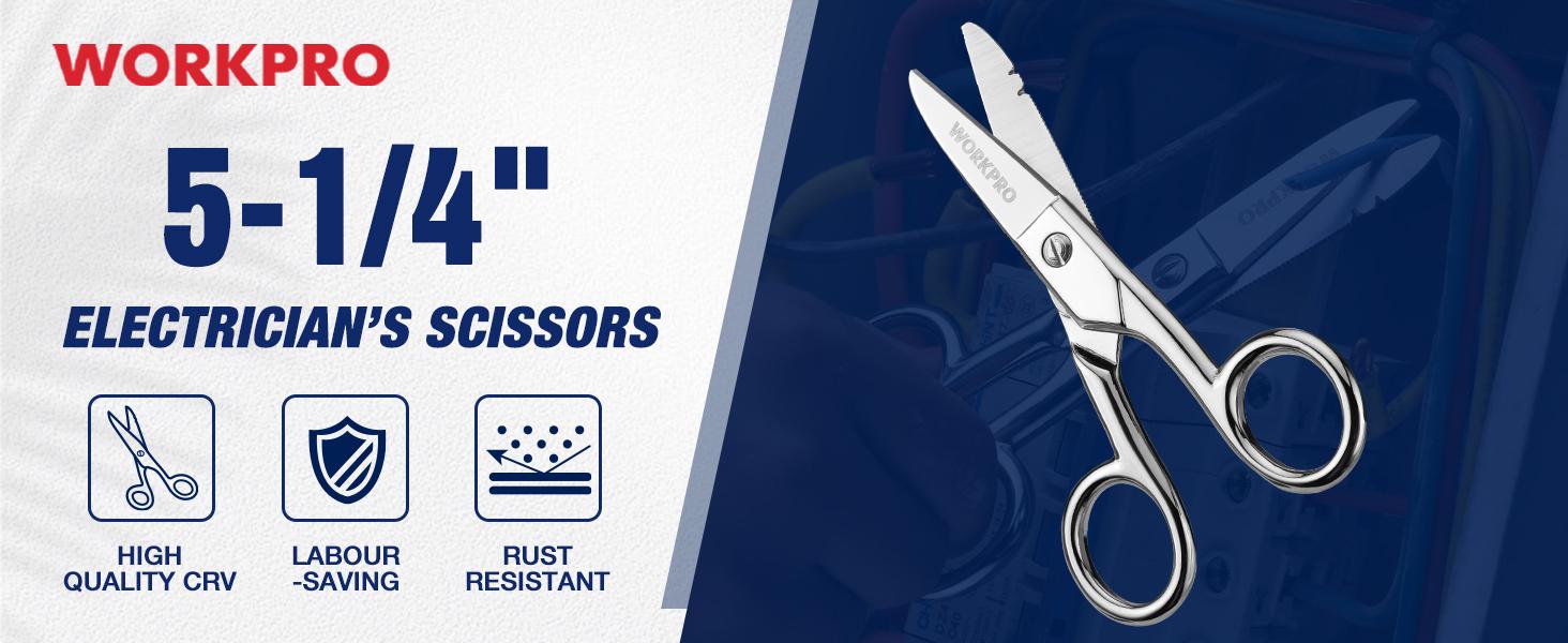 #backtoschool WORKPRO Electrician Scissors, 5-1/5 Inch Heavy Duty Scissors, Nickel-Plated Stainless Steel Snips with 19&23 Stripping Notches for Telecom and Electrical Work