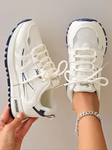 Women's Fashionable Letter & Striped Pattern Lace Up Low Top Sneakers, Casual Comfortable Breathable Sports Running Shoes, All-match Basic Shoes for Daily Wear, Sporty Running Fashion