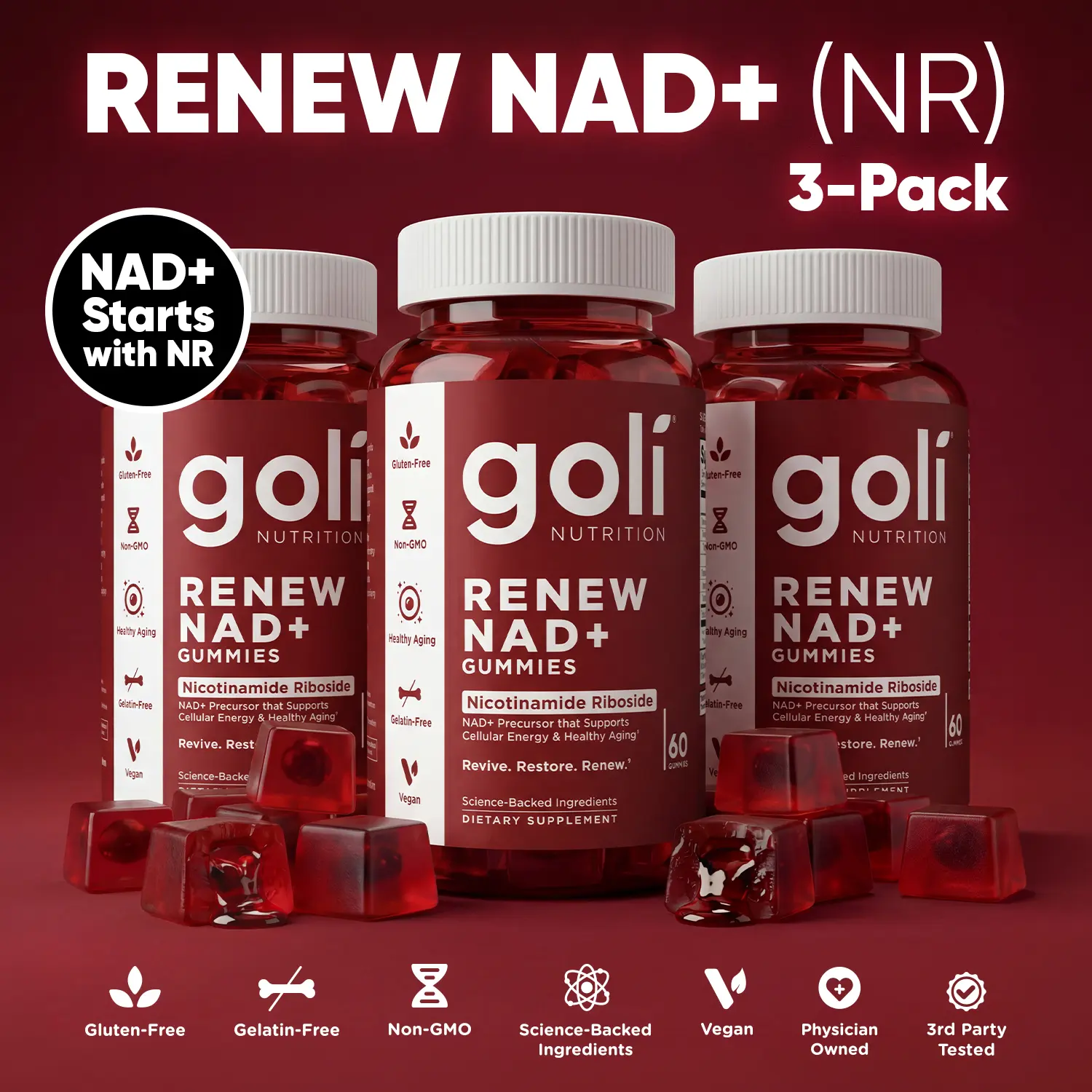 Goli Renew NAD+ (NR) Gummies. Clinically Studied NR Nicotinamide Riboside, Healthy Aging & Cellular Energy. Gluten Free, Non-GMO, Gelatin-Free, Vegan.