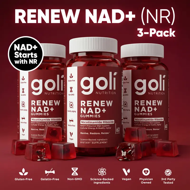 Goli Renew NAD+ (NR) Gummies. Clinically Studied NR Nicotinamide Riboside, Healthy Aging & Cellular Energy. Gluten Free, Non-GMO, Gelatin-Free, Vegan.