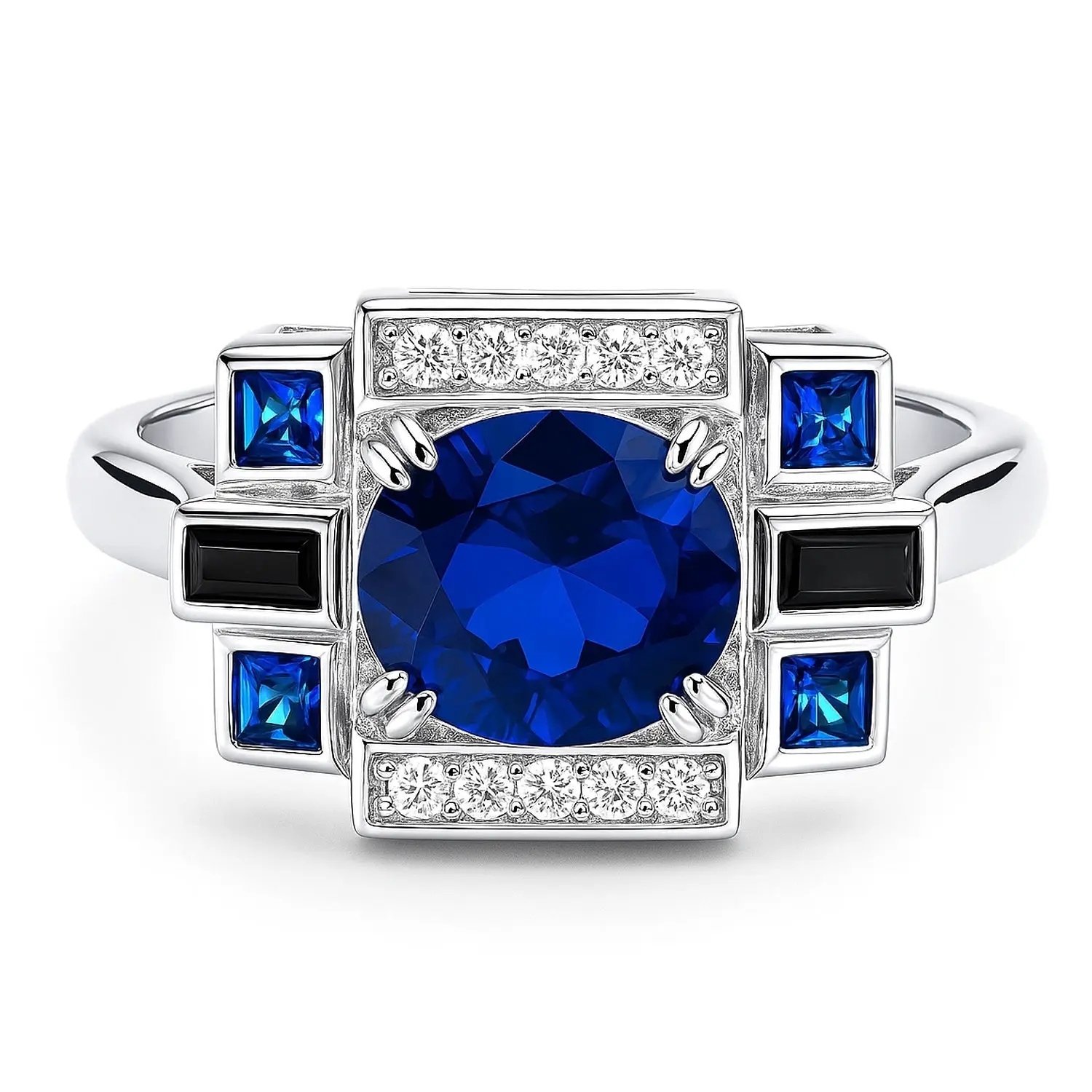 BERRICLE Sterling Silver Art Deco Ring for Women, Sapphire-Blue Cubic Zirconia CZ