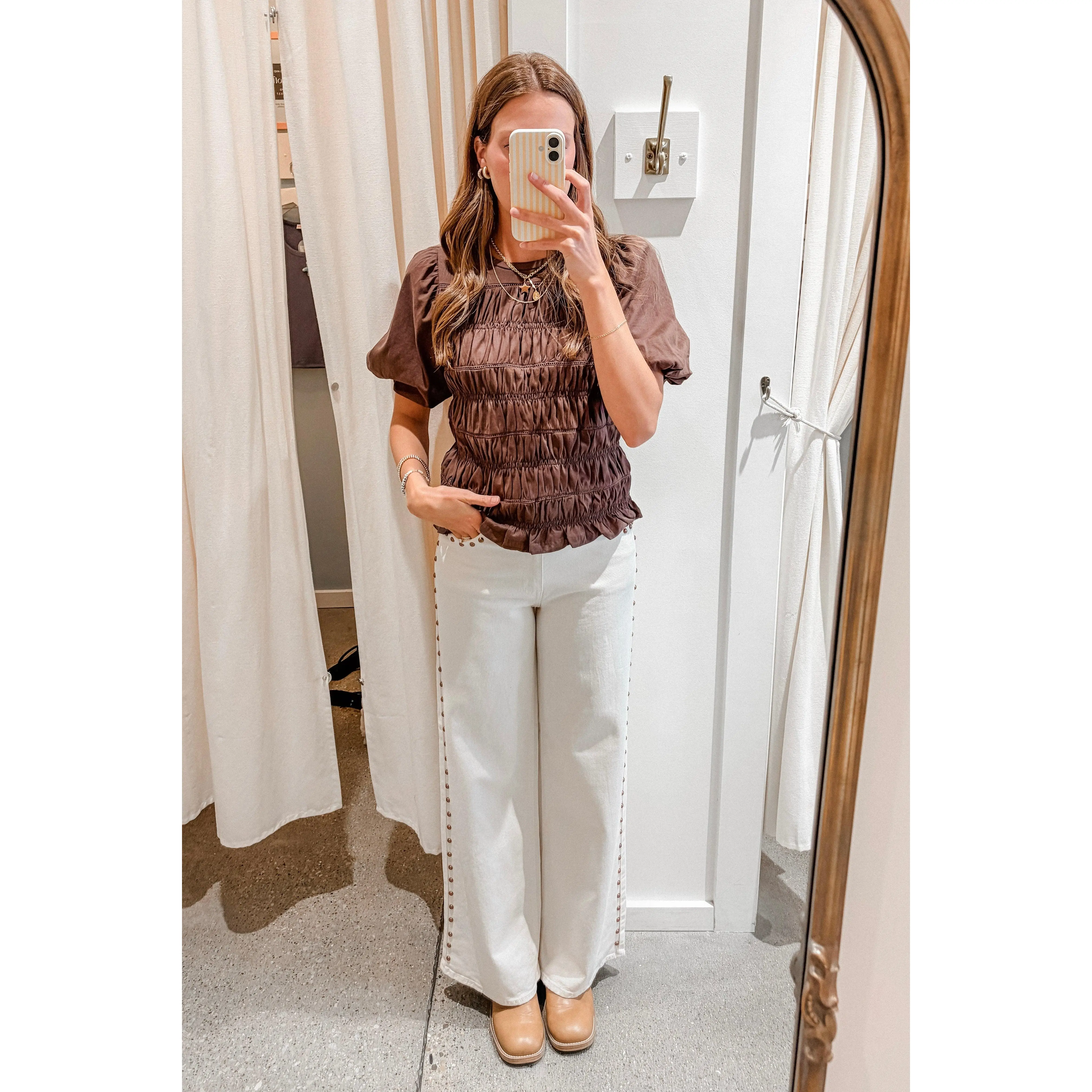 Sweetly Studded High-Rise Palazzo Wide Leg Pants - Cream