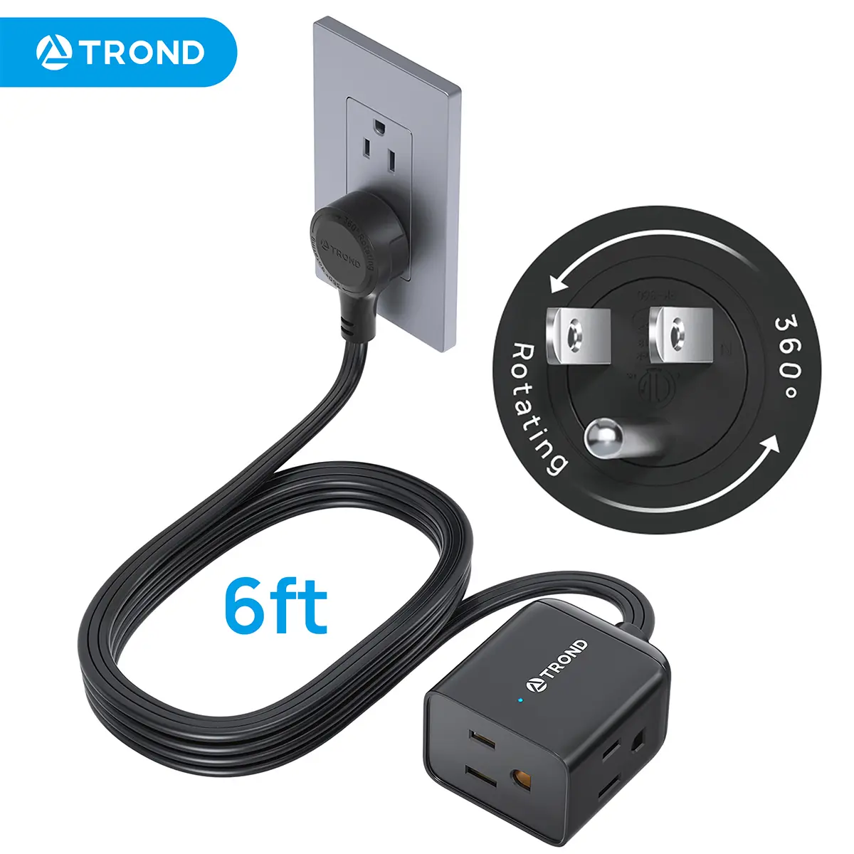 TROND Flat Plug Power Strip, 360° Swivel Extension Cord 15ft, Thin Wall Mountable Power Strip with 3-Sided Grounded Outlets, for Home Office Kitchen Travel