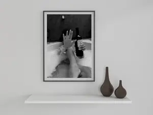 Bathroom Poster, Woman Drinking Wine in Bathtub Print, Bar Cart Wall Art, Black and White, Printable Girls Bathroom Decor