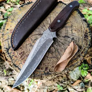 1PC, Damascus steel knife, outdoor knife, integrated keel structure, fixed blade, sharp and durable, solid wood handle, comfortable grip, equipped with knife cover, suitable for outdoor or household use, holiday gift