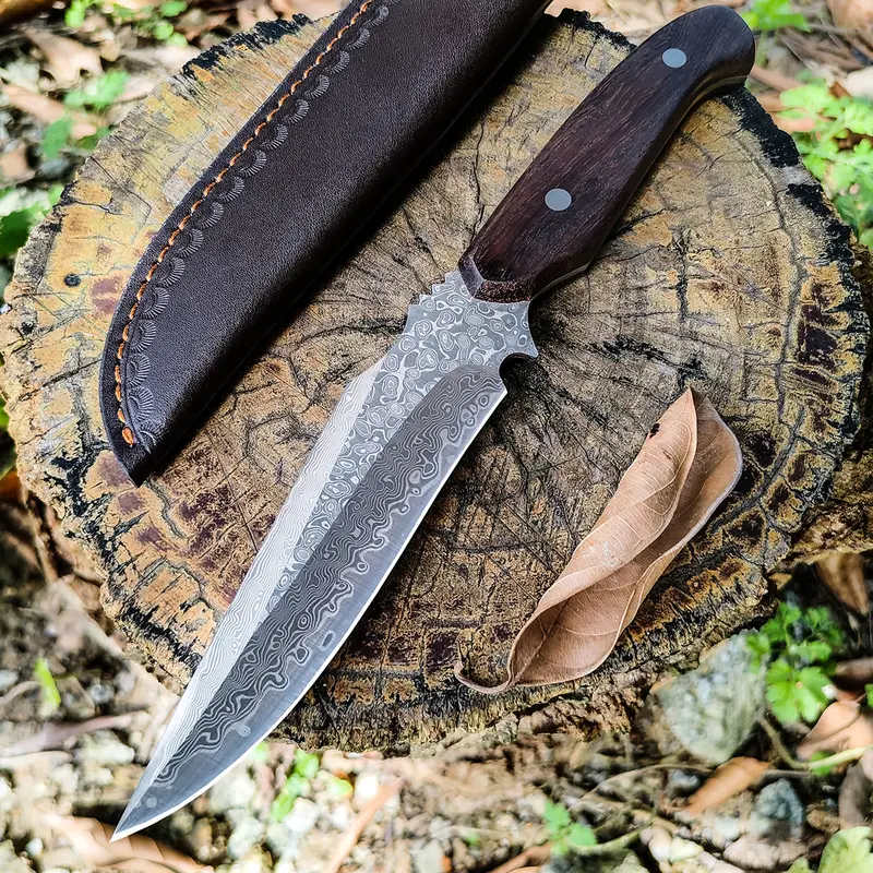 1PC, Damascus steel knife, outdoor knife, integrated keel structure, fixed blade, sharp and durable, solid wood handle, comfortable grip, equipped with knife cover, suitable for outdoor or household use, holiday gift