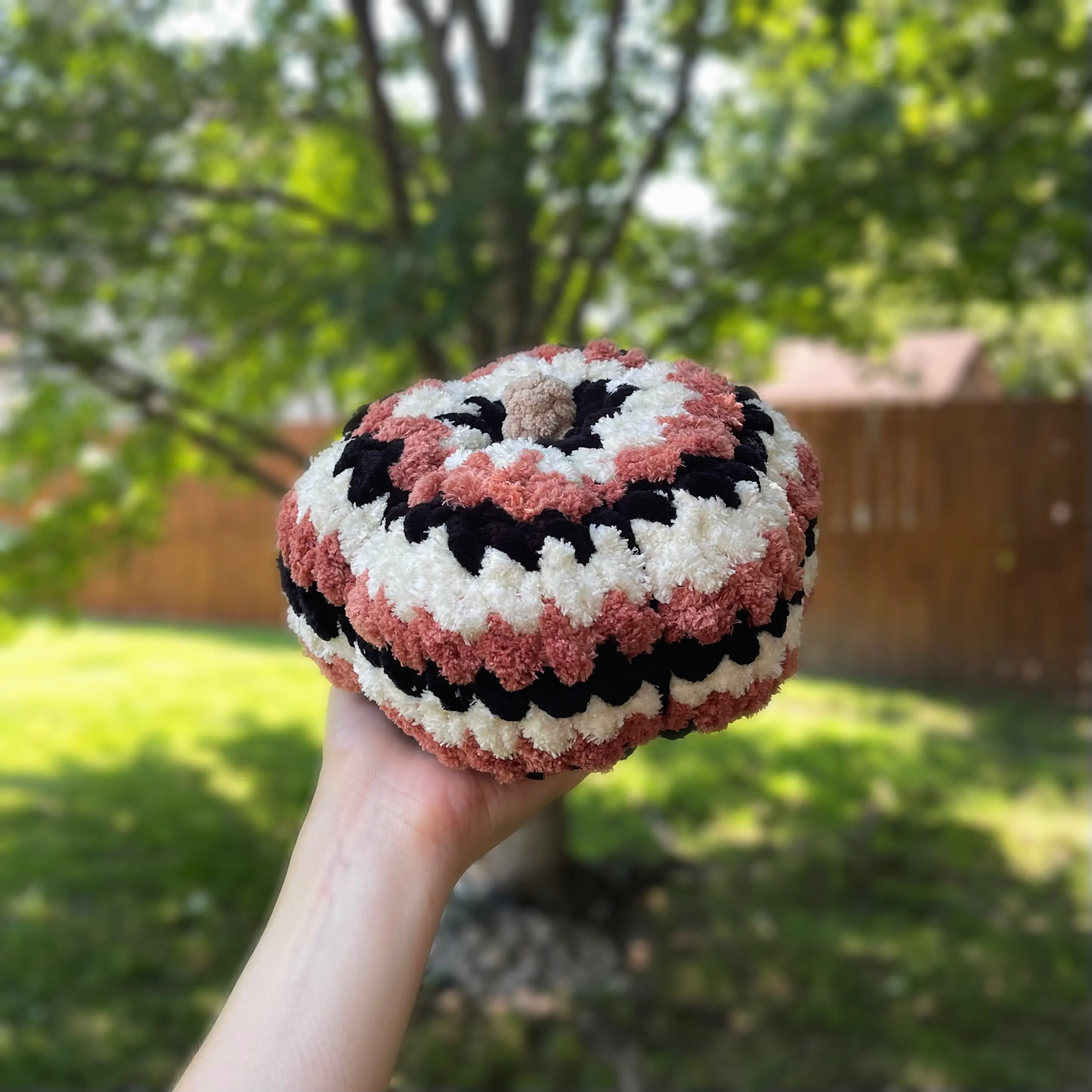 Handmade Crochet Jumbo Black, White, and Orange Pumpkin Plushie