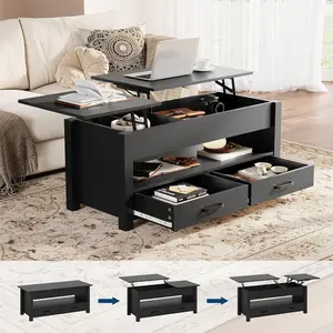 47.2" Multi-Function Lift Top Coffee Table with Storage,Wooden Convertible Tabletop with 2 Drawers & Hidden Compartment, Central Table for Living Room, Home Office, Dining or Gaming, Easy Assembly
