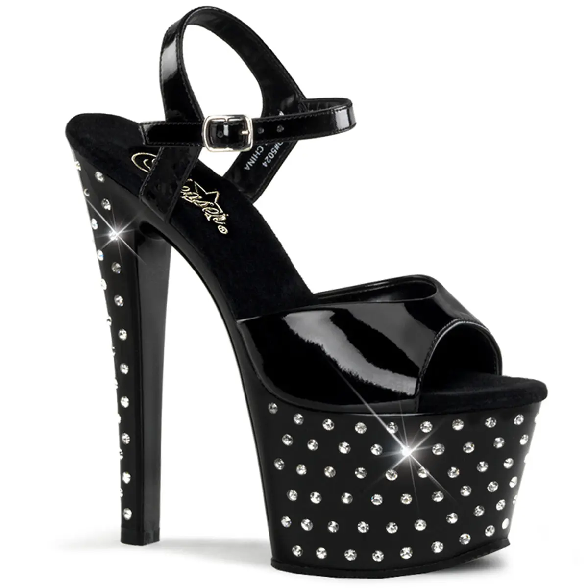 Stardust-709 Women's Black Patent High Heels, 7-Inch Stiletto Ankle Strap Sandals with a 2.75-Inch Rhinestone Platform