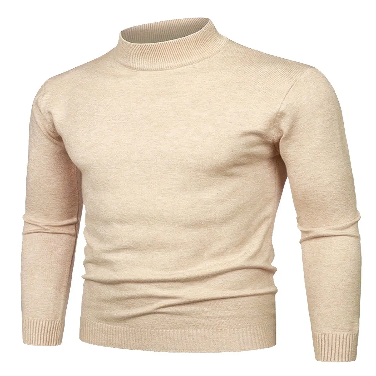 Men's Casual Winter Knit Sweater - Small Stand-Up Collar Sleeve Pullover, Mid-Stretch Beige Solid Color, Regular Fit for Attire,