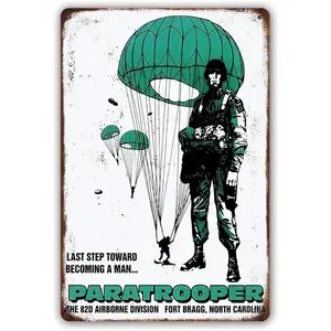 Vintage Tin Sign 82nd Airborne Division Recruitment Poster Photo US Army Recruiter Paratrooper Art Decoration Retro Metal Poster for Home Cabin Bar Store Club Farm 12" X 8"