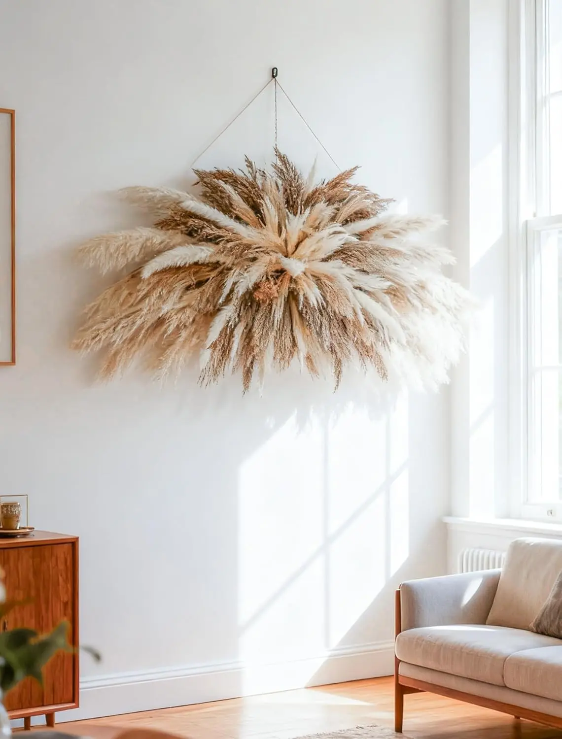 Large Boho Decor Pampas Grass Wall Decor (35~50inch) - Natural Dried Flower All-in-One Kit ,Easy Install, Perfect Decor for Living Room、Wedding Arch、Entryway、Party Decor