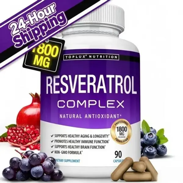 Flash Sale 1 bottles）Toplux Nutrition Resveratrol Complex 1800mg, Max Strength Trans-Resveratrol Antioxidant Supplement with Pomegranate & Grape Seed Extract, Supports Healthy Aging, Immune Health & Longevity, Non-GMO