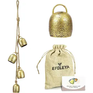 Handmade Iron Brass Finish Bell 4 Brass Cow Bells on Rope for Christmas Door Knob Rustic Vintage Lucky Cow Bells for Mom Gift Garden Home Yard Hanging Decor Gold