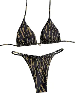 Women's 2 Piece Sexy Bikini Sets Cheeky Butt Ruched Bathing Suit Random Print Halter Swimsuit