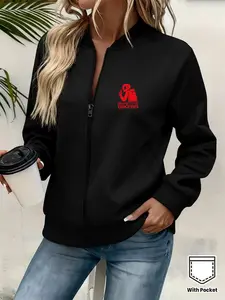 Y2K Style Women's Jacket, Motorcycle Girl Print, Zipper Design, Casual Slim Fit, Polyester Material, All Season Wear, Perfect for Outing, Coats