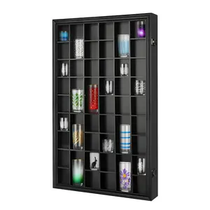 Shot Glass Display Case - 46 Glass Holder - Wall Mount Wooden Lockable with Removable Shelves, UV Protection Acrylic Glass Door, Black, Serves As Both A Practical Shot Glass Organiser And A Stylish Hanging Accessory