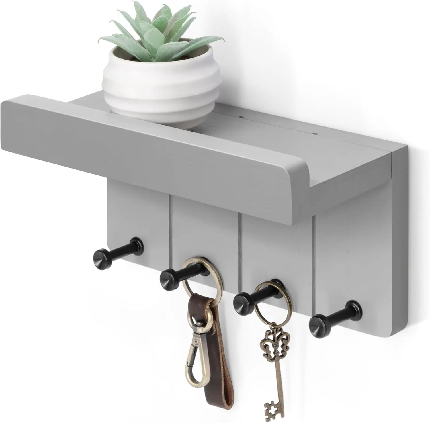 Small Wall-Mount Key Holder with Shelf - Elegant Decorative Key & Mail Holder with 4 Hooks, Shelves, Room Accessories, Best-Selling Modern Apartment Home Essential, Perfect Gift Choice (Light Gray), Aesthetic Room Decor, Shelf Mount