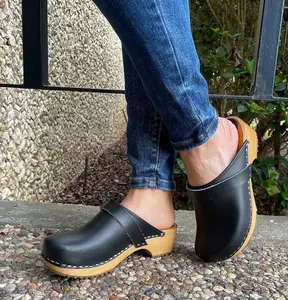 Maja Wood Open Back Black Leather Clogs for Women - Perfect for Any Occasion - Shoe, Footwear