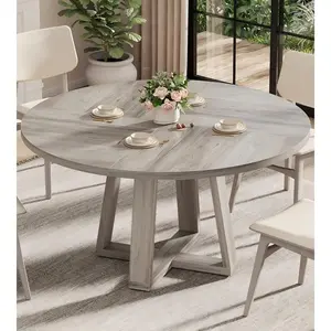 Garvee Round Dining Table for 4-6 People, 47" Farmhouse Kitchen Table with Wood Cross Pedestal Base for Living Room, Dining Room, Grey
