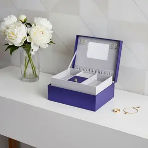 HomeRoots 469227 10 in. Azure Faux Leather 6 Section Mirrored Jewelry Box with Leather Wraps