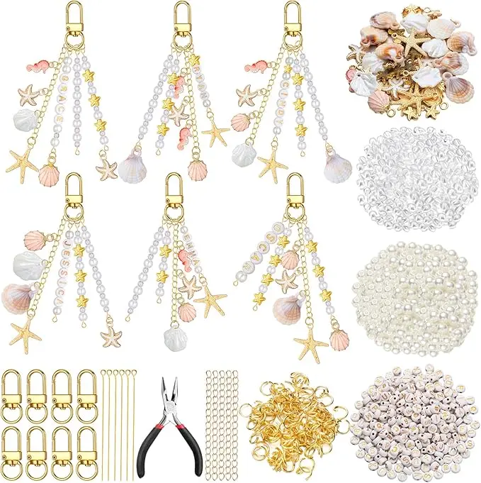776 Components Coastal DIY Crafts Seashell Keychain Making Kit - Ocean-Themed Set with Starfish, Pearl, Seahorse, 4 mm Letter Name Beads, 5 cm Keychain Clips & Tool Accessories for Backpacks, Purses