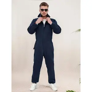 Men's Navy Blue Denim Jumpsuit Hooded with Full-Zip Closure - Durable Loose-Fit Machine Washable Workwear, All-Season Protective Coverall with Multiple Pockets for Casual & Professional Use