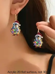 2D flat, cute LED penguin Christmas hat, acrylic pendant earrings for women, colorful light cute penguin cartoon pattern earrings, Versatile earrings, festival gifts, suitable for all occasions