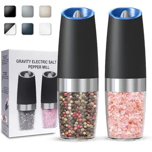 Gravity Electric Salt and Pepper Grinder set of 2, Automatic Salt And Pepper Grinder Set, Adjustable Roughness, Battery Powered, LED Light, 2 Pack, (Black)