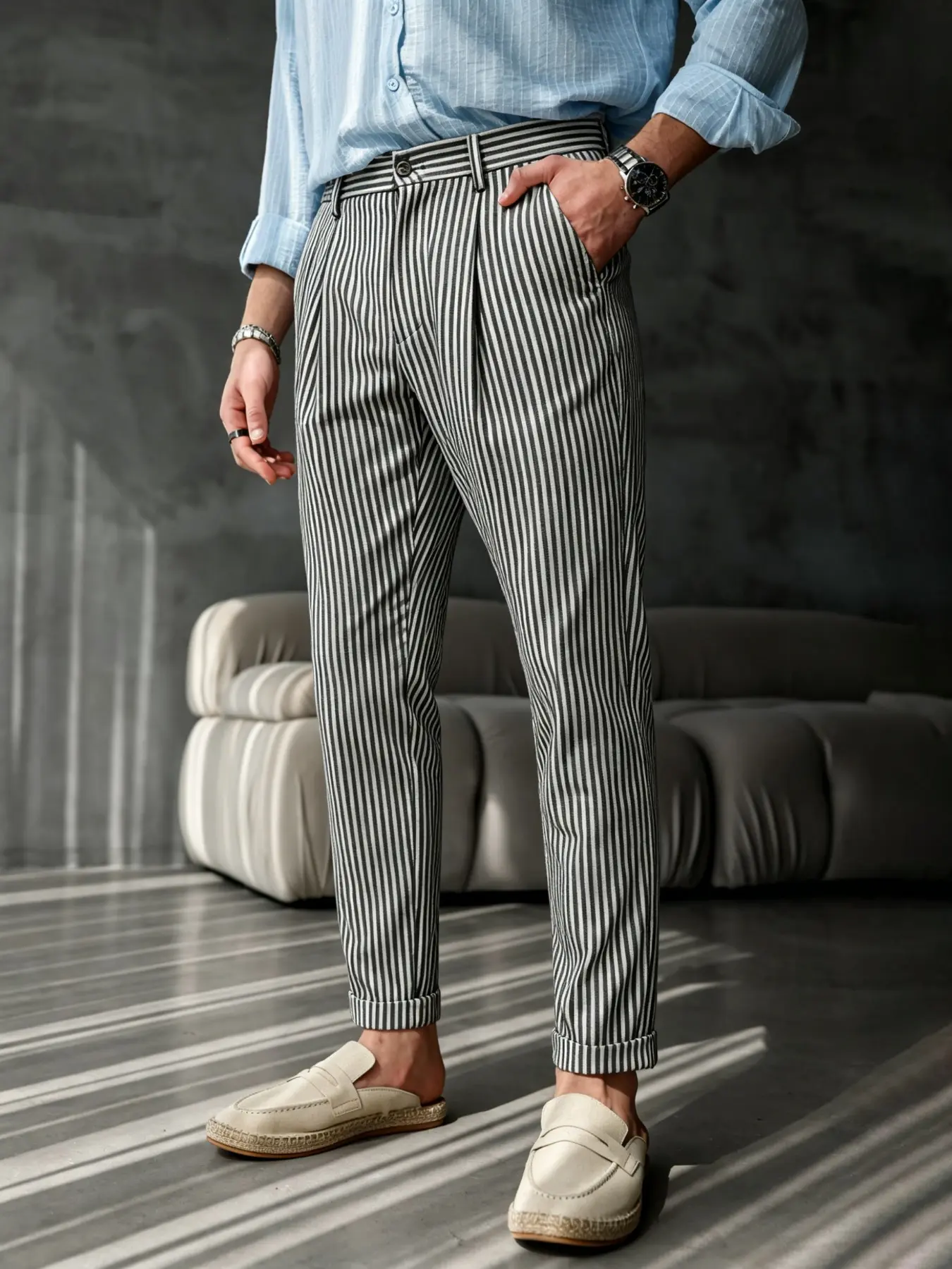 Men's Fashion Classic Casual Slim-Fit Striped Suit Pants, Classy Casual Trousers, Versatile Business Essential, All-Season Plain Pattern, Comfortable and Stylish, Casual Comfy Fashion, Casual Fitted Cut