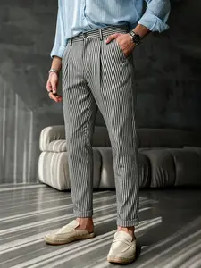 Men's Fashion Casual Slim-Fit Striped Suit Pants, Versatile Business Essential, All-Season Plain Pattern, Comfortable and Stylish