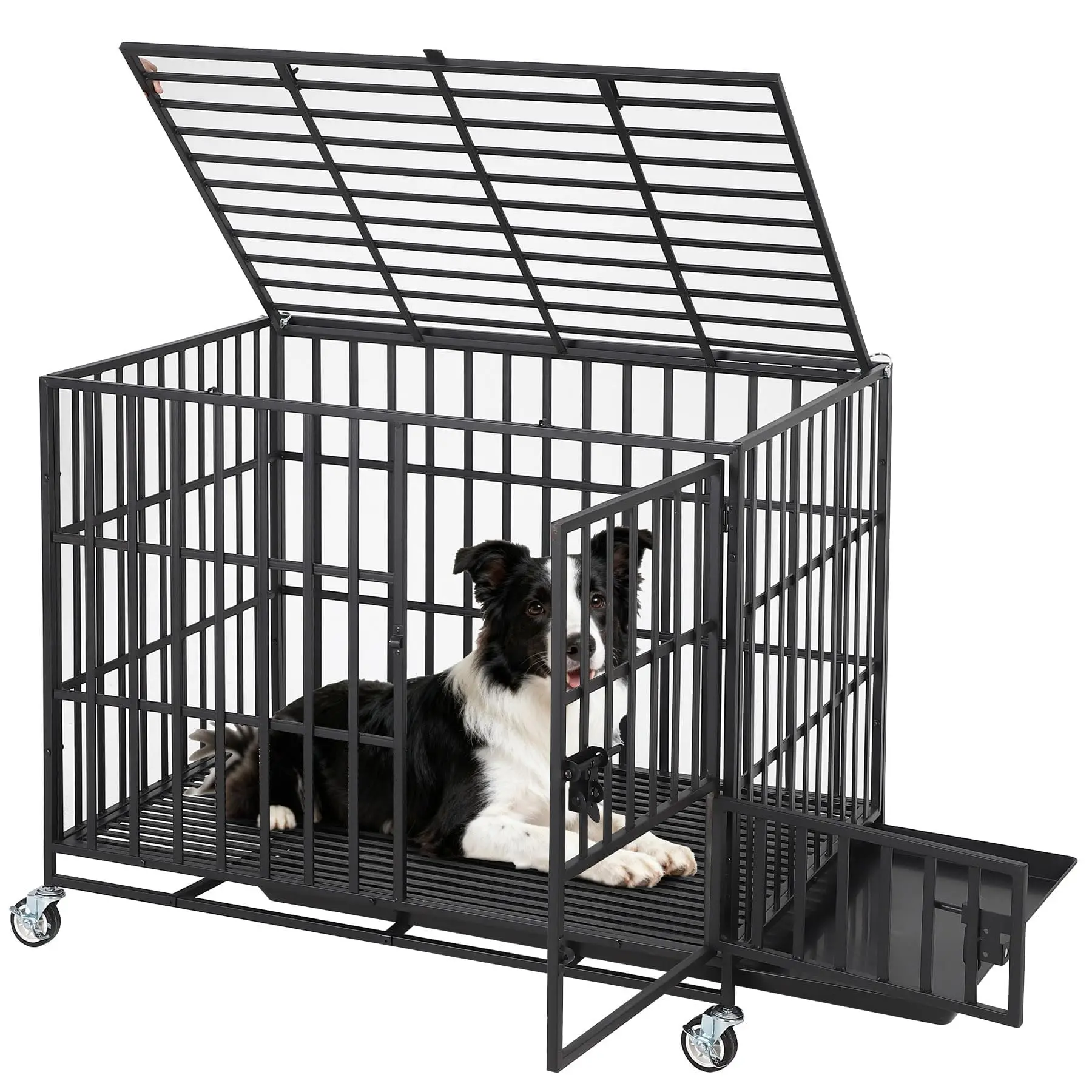 Garvee 42 Inch Heavy Duty Dog Crate, Indestructible and Escape-Proof Dog Crate with 3 Doors, Removable Tray & Wheels,for Large/Medium Breeds