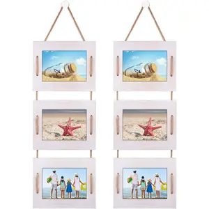 5x7 Hanging Picture Frames Collage Wall Decor, 3-Frame Set, 3.5x5 with Mat or 5x7 Without Mat, Rustic Solid Wood Photo Frame Pack of 2 Vintage White