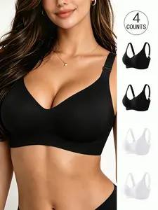 4 Pack / 6 colors, Women's Seamless Push-Up Bra Set, Backless Plunge Design, Adjustable Medium Support, Comfortable Breathable Lining, XS-Xl Sizes