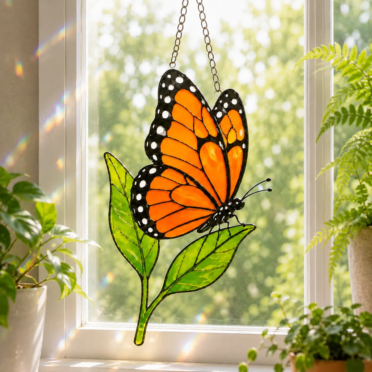 Monarch Butterfly Acrylic Suncatcher, Stained Glass Style Window Hanging Ornament with Chain, Colorful Botanical Home Décor Gift for Butterfly Lovers