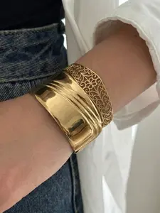 Boho Ethnic Style 2-Piece Set, Free Spirit Exotic Culture Heavy Feel Stainless Steel Handmade Hammered Hollow Bangle Bracelets Stacking Bangles