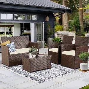 4 Piece Outdoor Patio Furniture Sets Wicker Sectional Conversation Sofa Set Rattan Table Chairs Loveseat With Cushions For Outside Balcony Porch Backyard