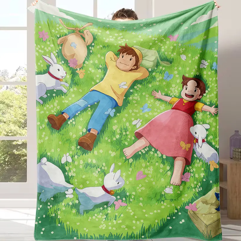 Heidi Retro Anime Throw Blanket, Nostalgic Green Meadow Printed Flannel Blanket, Ultra Soft Cozy Snuggle Blanket for Sofa Bed, All Season Warm Home Blanket, Ideal Birthday Christmas Gift for 90s Classic Anime Fans