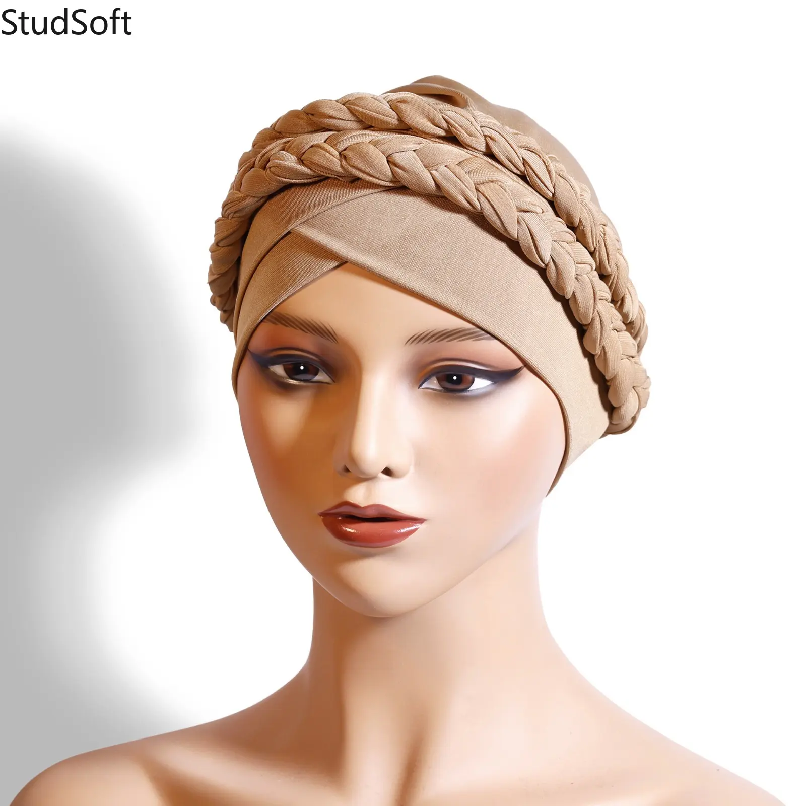 Women's Double Braided Turban Hat, Beige Pre-Tied Twisted Head Wrap, Stretch Casual Cap for Daily Wear or Chemo Use