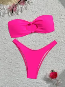 Two-piece Set Women's Solid Color Bikini Set, Casual Fashion Chic Swimsuit Set for Beach Holiday Vacation, Ladies Swimwear for All Seasons